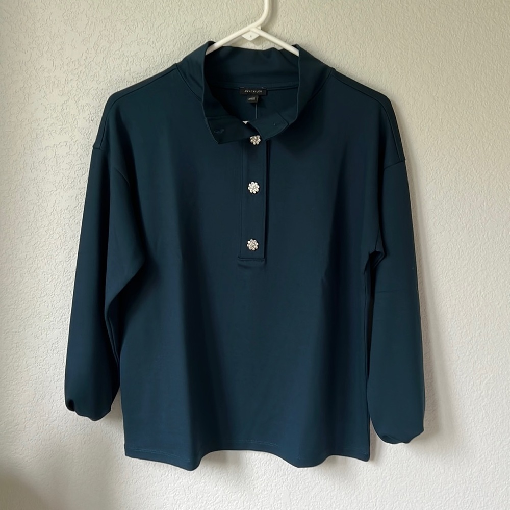 Ann Taylor Pullover Top with Rhinestone Buttons - Ominous Teal